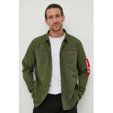 Alpha Industries camasa din bumbac barbati, culoarea verde, cu guler clasic, regular