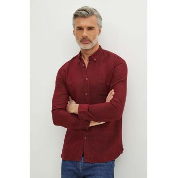 Medicine camasa de in barbati, culoarea bordo, cu guler button-down, slim