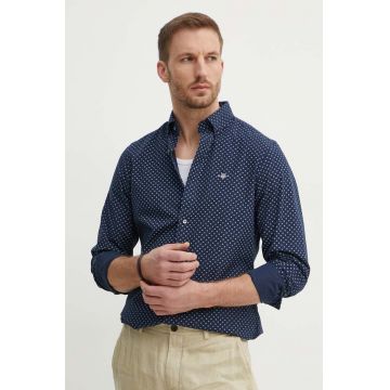 Gant camasa din bumbac barbati, culoarea albastru marin, cu guler button-down, slim