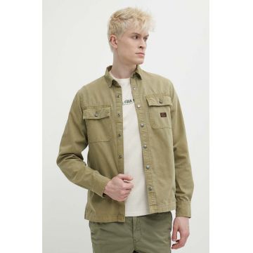 Superdry camasa din bumbac barbati, culoarea verde, cu guler clasic, regular