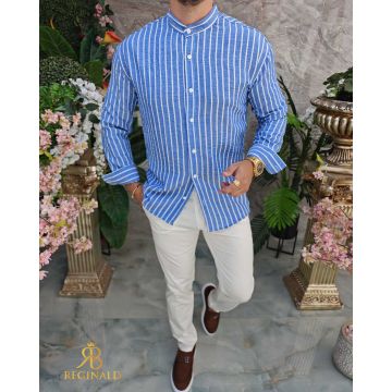 Cămașă de bărbați, Slim Fit, albastru cu dungi albe - CR160