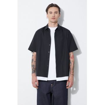 Neil Barrett camasa din bumbac Loose Double Layer Short Sleeve Shirt barbati, culoarea negru, cu guler clasic, regular, MY60218C-Y051-524N